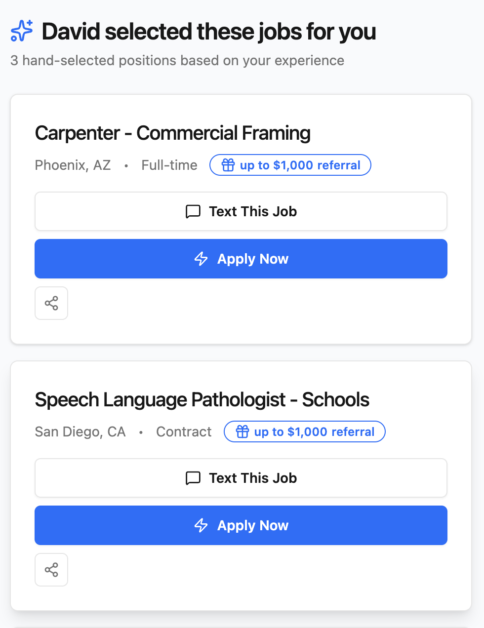 A curated set of finance jobs shared to a professional's network